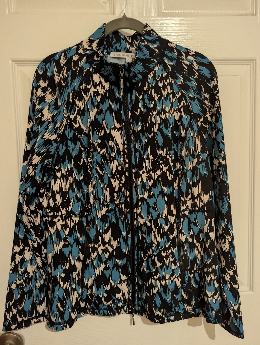 Womens Blue, Black & White Printed Zip-Front Top